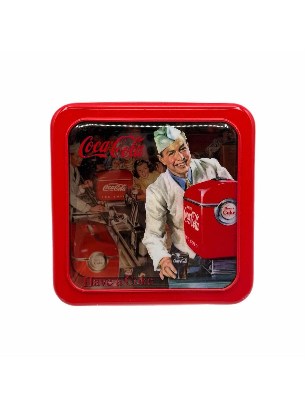 Vintage 1995 Coca-Cola Soda Jerk Square Metal Tin Storage Box Container – Retro